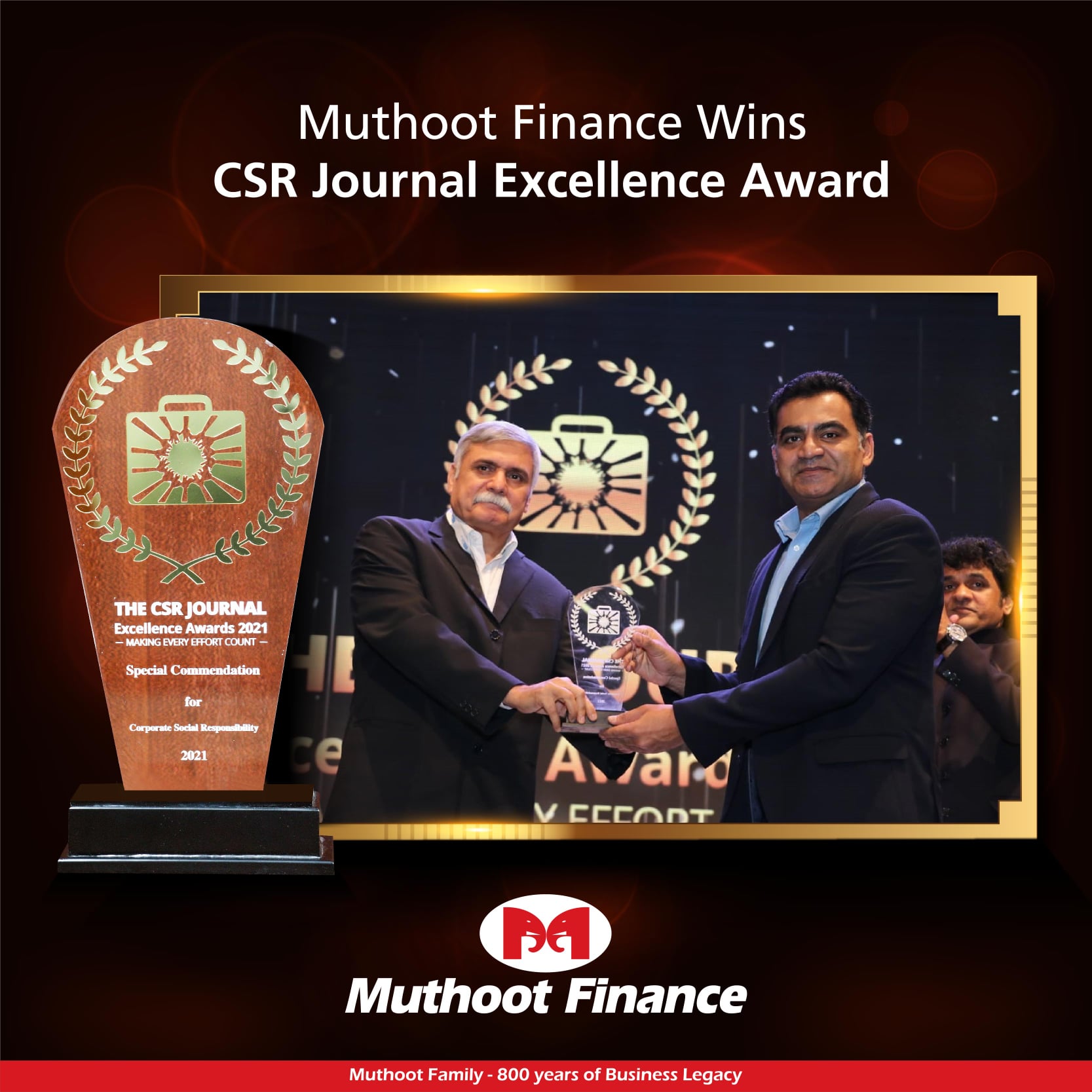Happy to announce that we have received the coveted CSR Journal Excellence Awards 2021 for the Muthoot Skill Development Program organized in association with Hand in Hand India in various locations of Tamil Nadu.